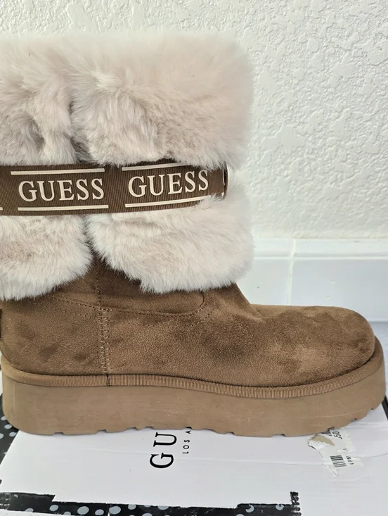 Guess Denla Booties Furry Suede On Platform Soles, Logo Bow & Pin - Picture 14 of 15
